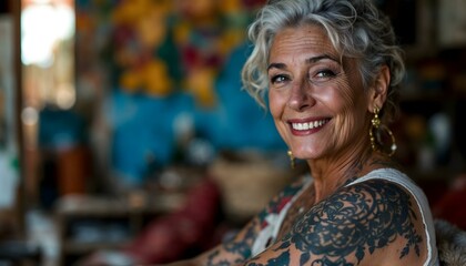 Fototapeta premium Chic middle aged woman with tattoos cool casual stylish urban street style
