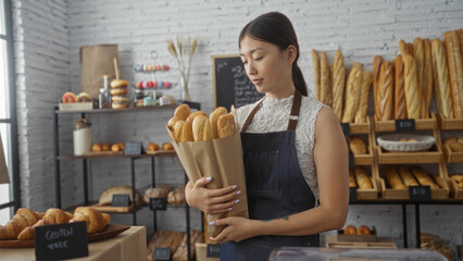 Woman holding bread in a bakery with various baked goods, highlighting an indoor setting with an attractive asian female from china.