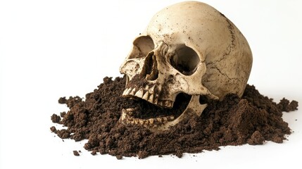 A human skull partially buried in a pile of soil, isolated on a white background, evoking themes of history and decay