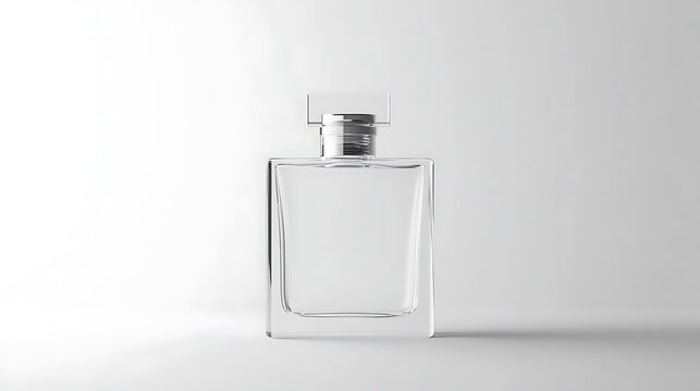 Transparent square glass perfume bottle mockup on white background, with copy space for advertising purposes.