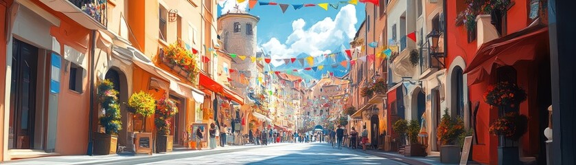 Naklejka premium A city street with flags and banners for a festival, celebrating local culture