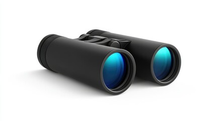 A pair of durable black plastic binoculars with clean edges and reflective lenses, on white background