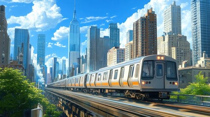 Obraz premium A commuter train passing by skyscrapers, moving through the urban core