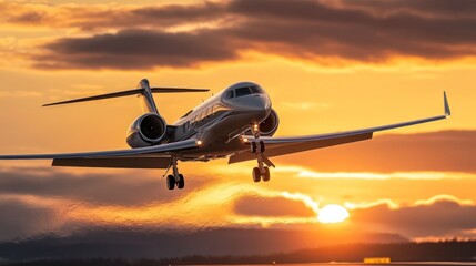 Fototapeta premium Private jet landing at sunset, dramatic clouds.