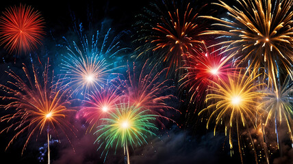 Colorful fireworks of various colors over night sky with stars