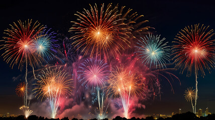 Colorful fireworks of various colors over night sky with stars