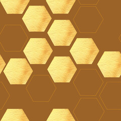 Honeycomb geometric watercolor seamless pattern with yellow textured hexagons on brown. Hand drawn golden elements in abstract background for web design, wallpaper, packing product design