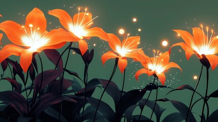 A captivating display of radiant orange lilies with glowing white centers, emerging from sleek black stems. The backdrop is a muted forest green gradient. 