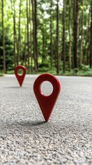 Fototapeta premium A bright red location pin marks the asphalt road surrounded by a stunning forest, illuminated by warm sun rays and soft bokeh
