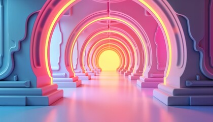 Obraz premium Neon archway corridor leads to bright light. Abstract design with pastel colors. Geometric shapes create futuristic space. Empty space. Suitable for product display or fashion backdrop.