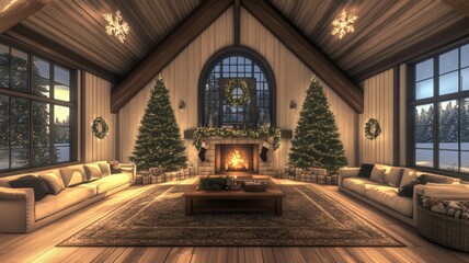 Obraz premium Cozy Christmas Living Room with Fireplace and Decorated Trees