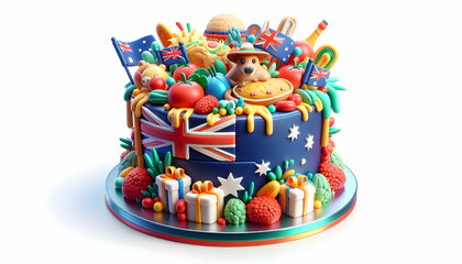 3D Macro Close up of Australian themed Cake Decoration concept as Macro close up of Australian themed cake decoration with Australian symbols vibrant colors intricate details symbolizing celebration a