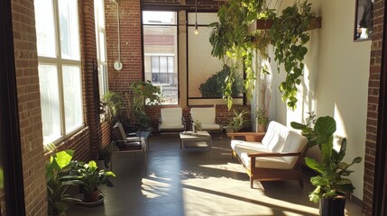 Obraz premium Bright and airy coworking space featuring recycled steel furniture, solar-powered lights, and hanging greenery