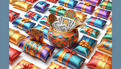 Fototapeta premium 3D Macro Close up of Seollal Sebae Don Gifts concept as A macro close up of traditional sebae don (money gifts) wrapped in decorative envelopes during Seollal showcasing intricate designs and vibrant 