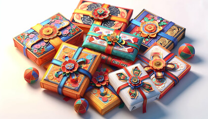 3D Macro Close up of Seollal Sebae Don Gifts concept as A macro close up of traditional sebae don (money gifts) wrapped in decorative envelopes during Seollal showcasing intricate designs and vibrant 