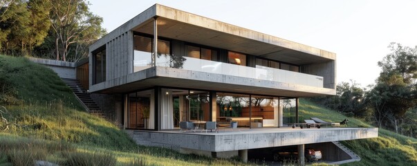 Fototapeta premium A modern architectural marvel with extensive use of glass windows offering panoramic views, nestled in a lush, green environment epitomizing luxury living