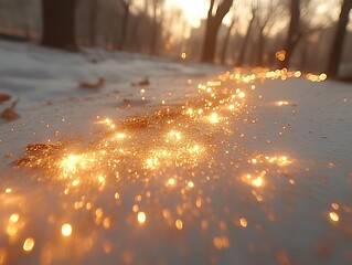 Golden sunlight sparkles on winter snow ground