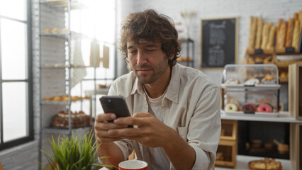 Young man in a bakery checking his phone, surrounded by pastries and bread on shelves in a cozy, indoor setting.