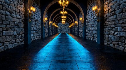 Fototapeta premium A dimly lit corridor with stone walls and ornate chandeliers, illuminated by a blue light along the floor, creating an atmospheric and mysterious ambiance.