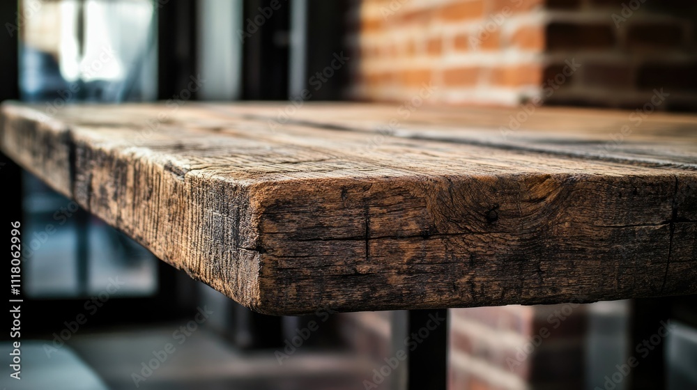 Sticker An aged wooden table surface prominently displayed, blurred rustic brick wall behind