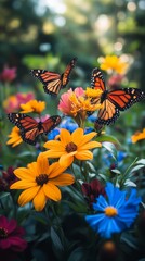 Image of Colorful butterflies fluttering among blooming flowers in a garden printed on Printed Glass Basin Splashbacks