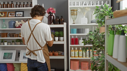 Young man arranging items in a home decor store, surrounded by shelves filled with various decorative items and plants, focusing on the aesthetic organization of the indoor space.