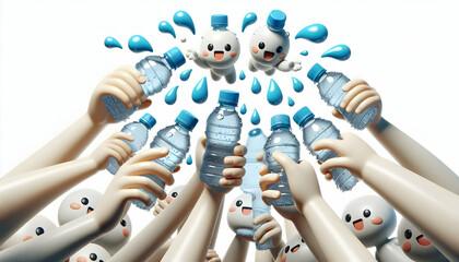 Obraz premium 3D Macro image of group toasting with water bottles copy space above. concept as A close up shot of hands holding water bottles together in a toast droplets visible symbolizing celebration and unity d