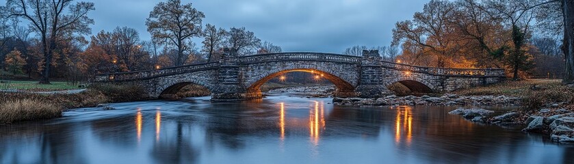 Fototapeta premium A historic bridge with lights reflecting in the river, a blend of old and new