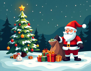 Santa Claus with a sack full of gifts in front of a Christmas tree, forest, ornaments, fantasy, smile, vector art.