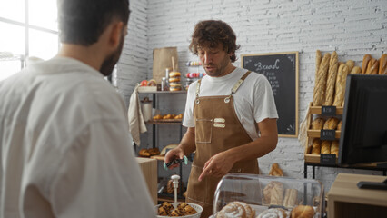 Baker helps customer in bakery showcasing variety of bread and pastries on display