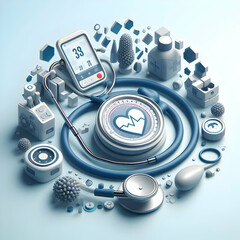 3D Macro image of telemedicine diagnostic tools copy space concept as Detailed macro image of telemedicine diagnostic tools such as digital stethoscopes and blood pressure monitors emphasizing precisi