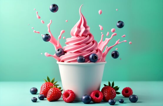 Pink frozen yogurt dessert in a white cup. Fresh berries like strawberries raspberries and blueberries are in the splash of yogurt. Colorful background. Delicious and cold treat. Summer food.