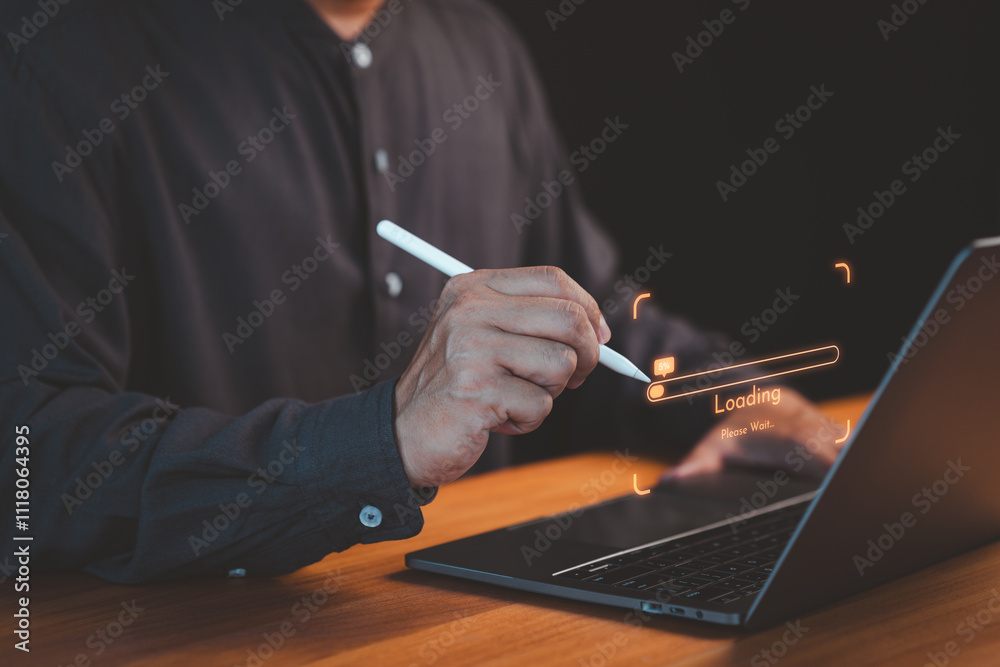 Poster Close-up of a person using a pen with a laptop, highlighting a glowing loading bar and digital interface, representing technology, progress, and innovation.
