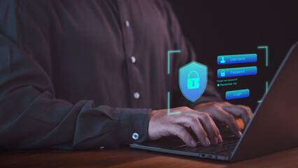 Concept of cyber security, information security and encryption on laptop, highlighting secure login...