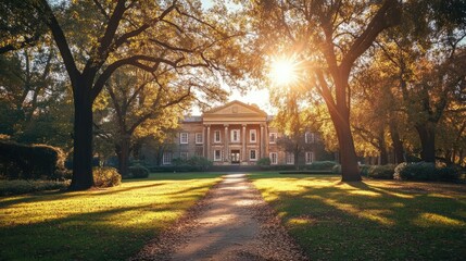 A historic courthouse surrounded by trees, showing urban history