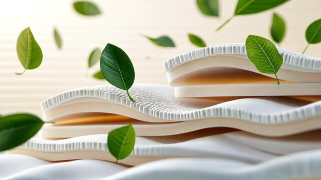 Closeup of a white mattress with layers of foam and green leaves falling in the background.