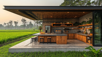Fototapeta premium Modern Kitchen with Rice Paddy View: A modern kitchen with a stunning view of a lush rice paddy, featuring sleek black steel accents, warm wooden cabinets, and a minimalist aesthetic.