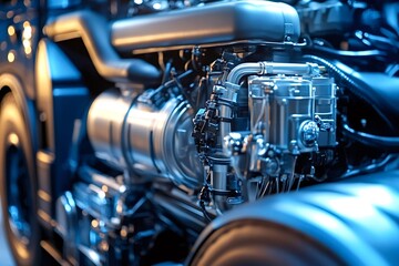 Metallic components and intricate wiring of a powerful engine showcase advanced industrial technology, highlighting precision engineering and automotive power
