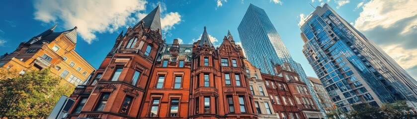 Fototapeta premium A mix of old and new architecture, with a historic building beside a skyscraper