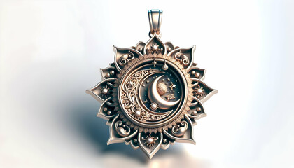 Naklejka premium 3D Macro shot of an intricate pendant with celestial designs copy space below. concept as A detailed macro image of an ornate pendant featuring celestial designs like stars and moons symbolizing spiri
