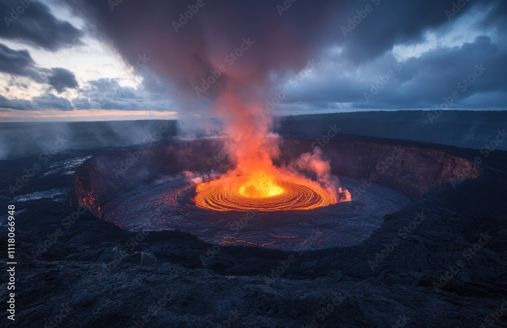 Poster glowing lava pool in an active volcano, lava lake in a volcano crater. the sky is dark and cloudy, w