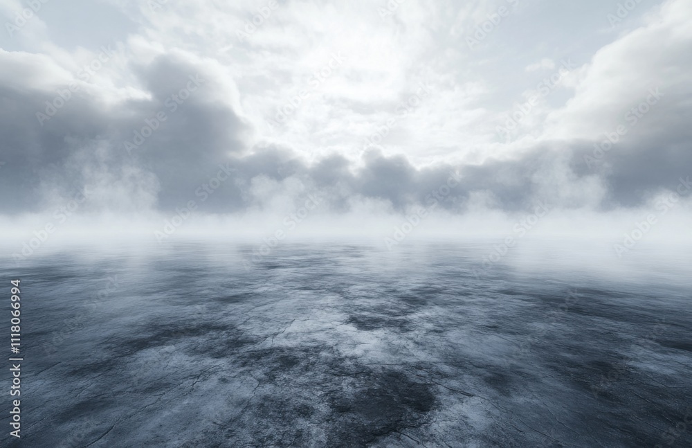 Poster Endless gray frozen plain with fog, creating a mysterious and dreamy atmosphere. The sky is filled with white clouds. Background for product demonstration or digital art.