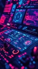 Futuristic control panel with vibrant neon displays and interactive elements.
