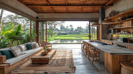 Fototapeta premium Tranquil Bali Villa Living Room: Open-plan design, rice paddy views, natural wood, and cozy seating create a serene atmosphere in this Balinese villa's living room. 