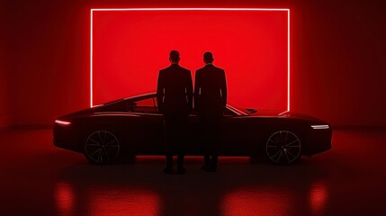 Red Luxury Car Two Men Silhouettes Dramatic Lighting Modern Art
