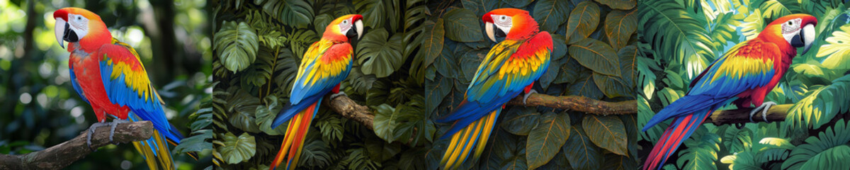 Fototapeta premium Animal kingdom rendering.Colorful macaws perched branches nature