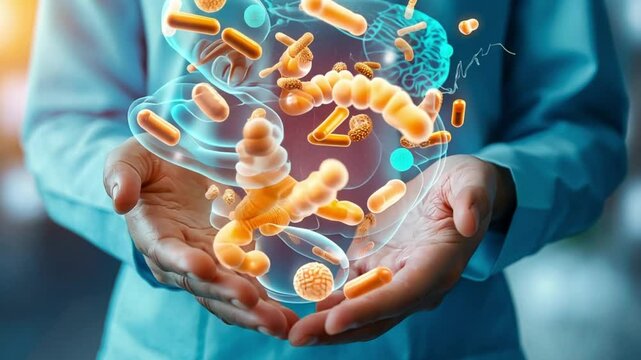 A person in a lab coat holds their hands out in front of them, with a 3D image of gut flora floating in between their hands.