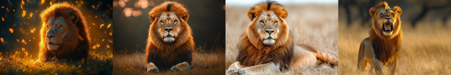 Animal kingdom rendering.Majestic lion in golden grassland scenery