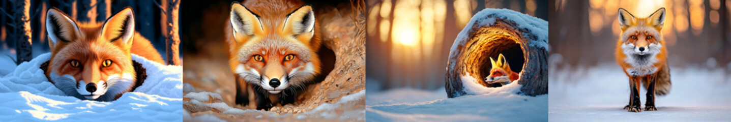 Animal kingdom rendering.Red fox snow, emerging from den, beautiful