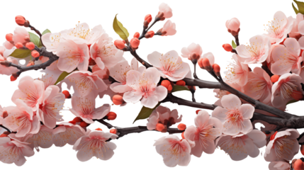 A stunning peach tree branch full of delicate pink flowers, forming an ornate corner border design, isolated on transparent background.
